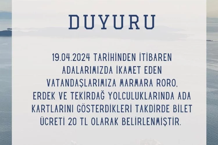 Marmara’da ikamet eden vatandaşların bilet ücretleri belirlendi